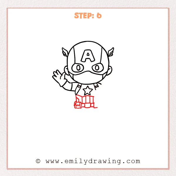 how to draw a captain america - Chibi Captain America with a waving hand, now extended with a belt, striped pants, cuff sections, and a small leg pouch.